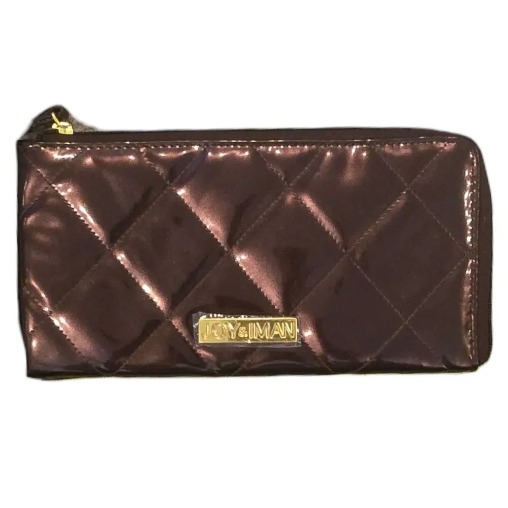 Joy & Iman Quilted Patent Leather Wristlet Chocolate Brown NWOT